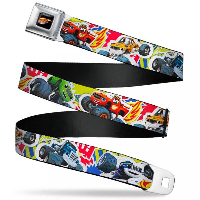 BLAZE AND THE MONSTER MACHINES Logo Black/Orange/Yellow/Purple Seatbelt Belt - Blaze & 5-Trucks/Flames Collage Green/Multi Color Webbing