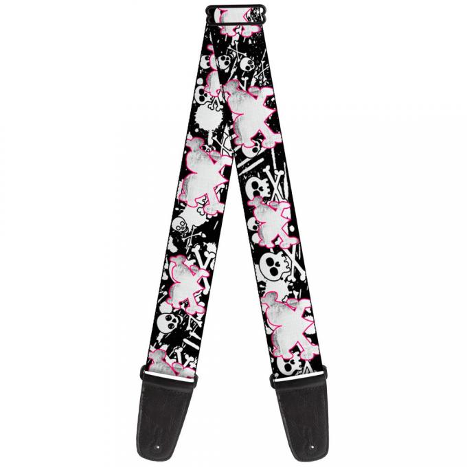 Guitar Strap - Heart & Cross Bones w/Skulls & Splatter Black/White