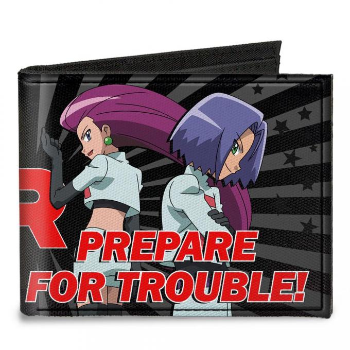 Canvas Bi-Fold Wallet - Team Rocket Jessie/James PREPARE FOR TROUBLE! + POKEMON Group Pose Rays Black/Grays/Red