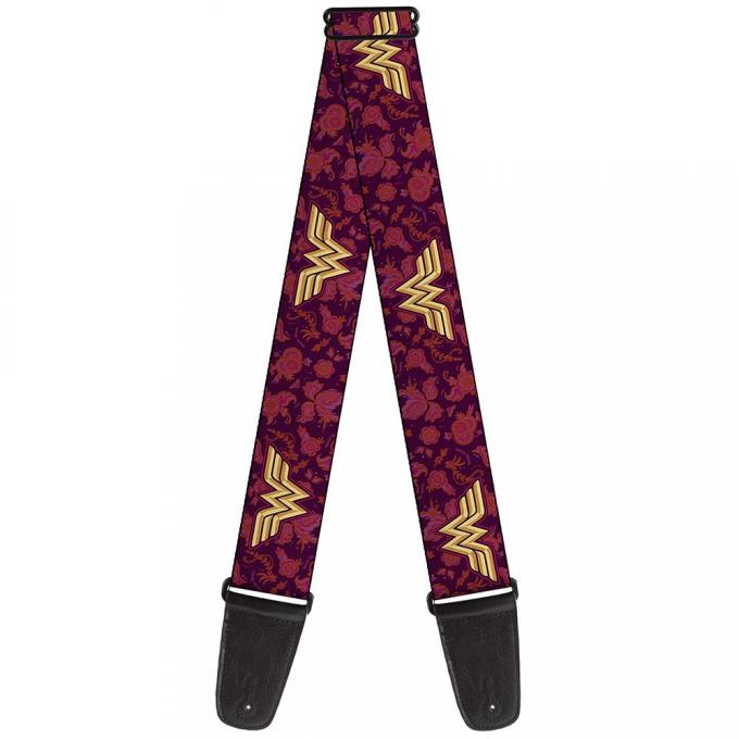Guitar Strap - Wonder Woman Logo/Floral Collage Purple/Pinks/Gold