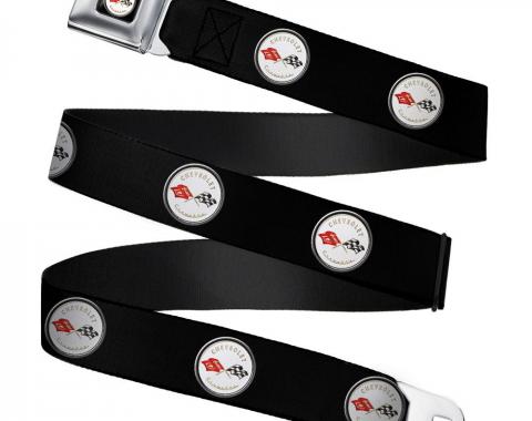 Corvette C1 Flags Emblem Full Color Black Seatbelt Belt - Corvette C1 Flags Emblem Repeat  Webbing