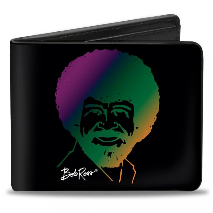 Bi-Fold Wallet - Bob Ross Smiling Silhouette Black/Ombre Rainbow