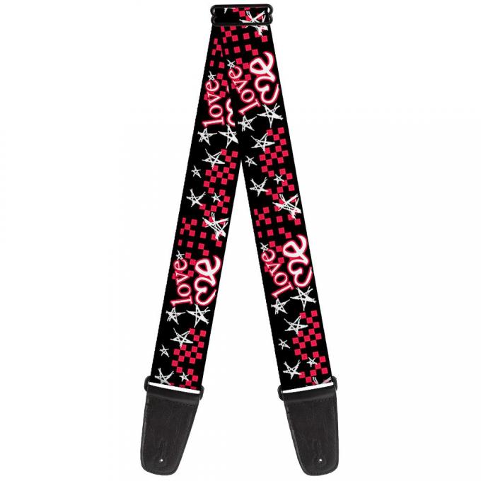 Guitar Strap - Love Me w/Sketch Stars & Checkers Black/Fuchsia/White