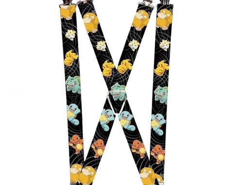 Suspenders - 1.0" - Kanto Starter POKEMON/Psyduck/Togepi/Pikachu Swirl Black/Gray