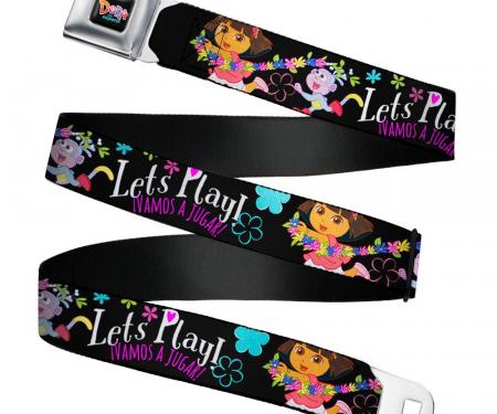 DORA THE EXPORER Logo2 Black/Multi Color Seatbelt Belt - Dora & Boots Pose/Floral LET'S PLAY!/VAMOS A JUGAR! Black/White/Multi Color Webbing