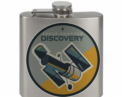 Stainless Steel Flask - 6 OZ - SPACE SHUTTLE DISCOVERY Hubble Telescope2 Blues/Gray/Yellow