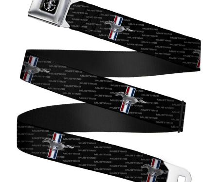 FORD MUSTANG Tri-Bar Logo Full Color Black/White/Silver/Red/Blue Seatbelt Belt - Ford Mustang w/Bars REPEAT w/Text Webbing