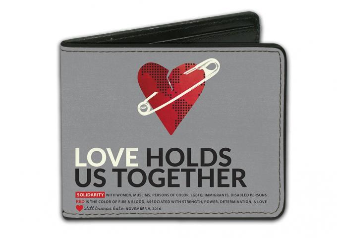 Bi-Fold Wallet - LOVE HOLDS US TOGETHER/Safety Pin Heart Grays/Red/Black