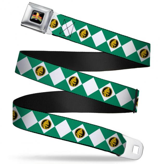 Power Rangers Logo Full Color Seatbelt Belt - Diamond Green Ranger Webbing