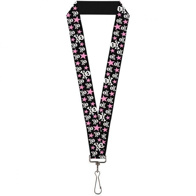 Buckle-Down Lanyard - Skulls & Stars Black/White/Pink