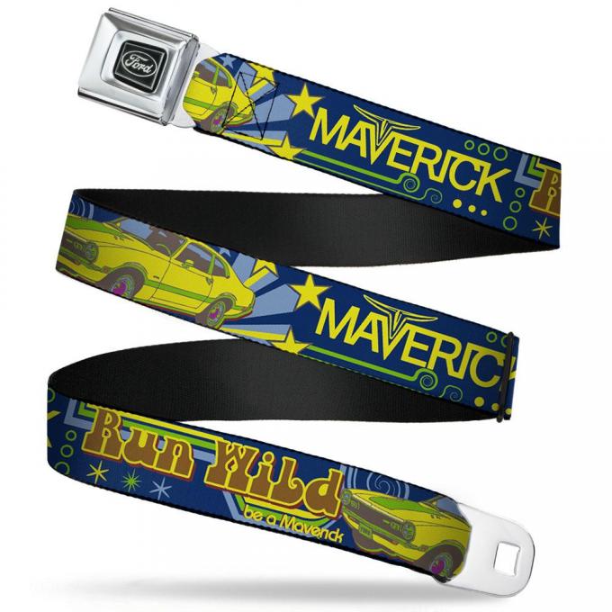 Ford Emblem Seatbelt Belt - Vintage Ford MAVERICK-RUN WILD BE A MAVERICK Blues/Yellows