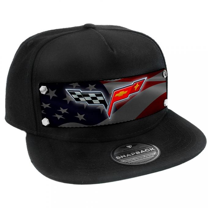 Embellishment Trucker Hat BLACK - Full Color Strap - C6 Emblem Waving American Flag