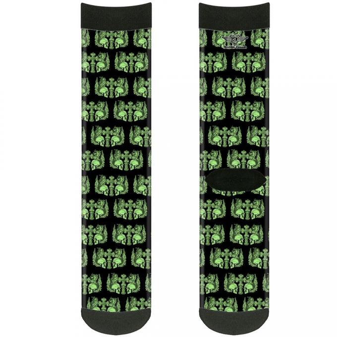 Sock Pair - Polyester - BD Skulls w/Wings Black/Green - CREW