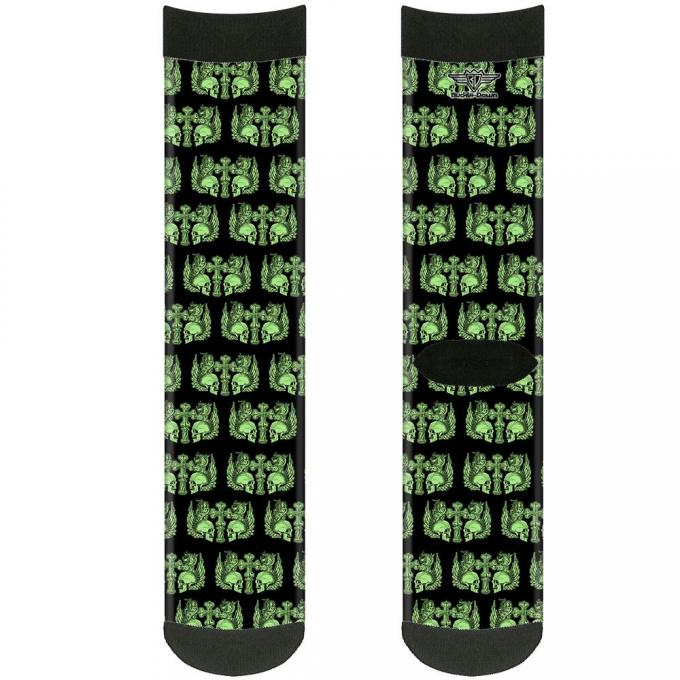 Sock Pair - Polyester - BD Skulls w/Wings Black/Green - CREW