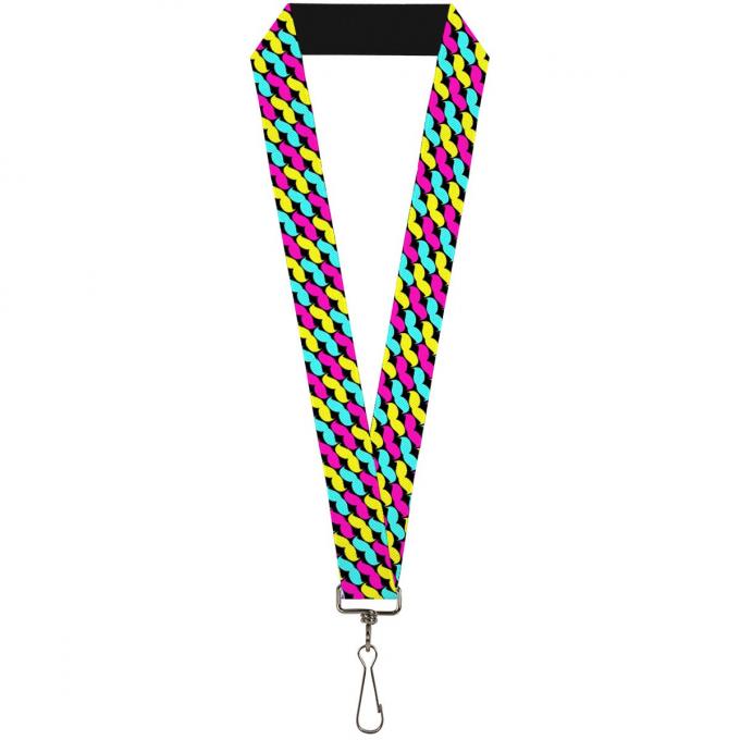 Buckle-Down Lanyard - Mustache Monogram Black/Fuchsia/Turquoise/Yellow