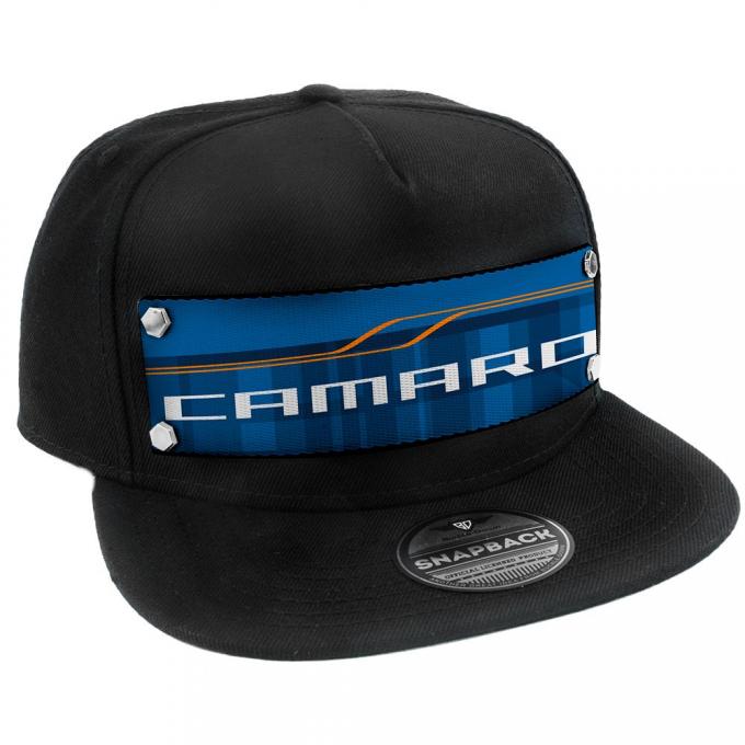 Embellishment Trucker Hat BLACK - Full Color Strap - CAMARO SS Abstract Blues/Orange/White