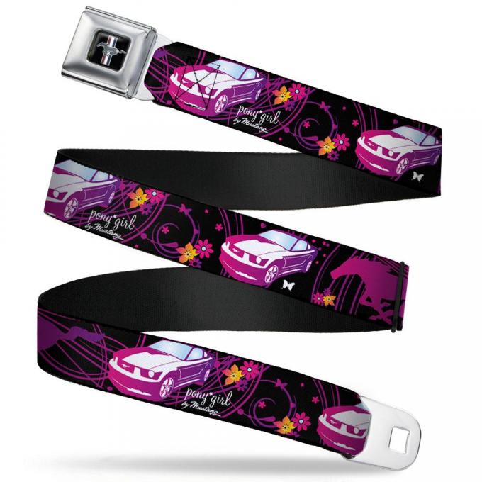 Ford Mustang Emblem Seatbelt Belt - Mustang Silhouette/PONY GIRL/Flowers Black/Fuchsias