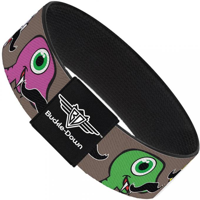 Buckle-Down Elastic Bracelet - Cute Dinosaurs w/Mustaches Gray