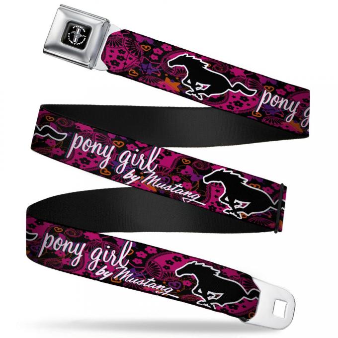 FORD MUSTANG Tri-Bar Logo Full Color Black/White/Silver/Red/Blue Seatbelt Belt - Mustang PONY GIRL/Floral Collage Black/Pinks/White Webbing