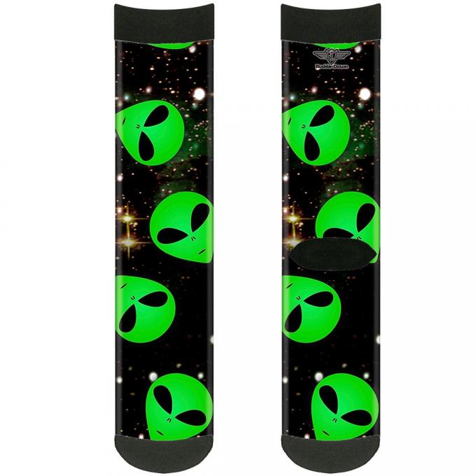 Sock Pair - Polyester - Aliens Head Scattered Galaxy2/Green/Black - CREW