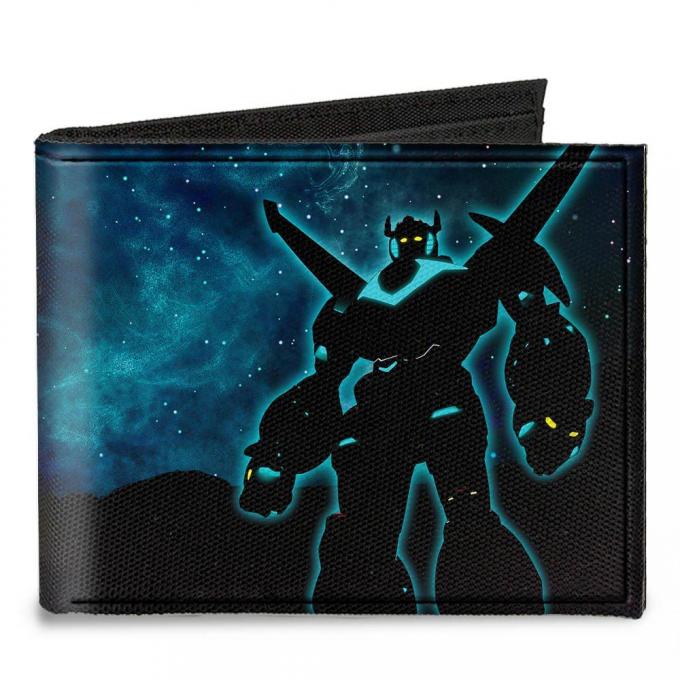 Canvas Bi-Fold Wallet - New Series Voltron Standing Pose Silhouette + VOLTRON Logo Galaxy Blues/Black