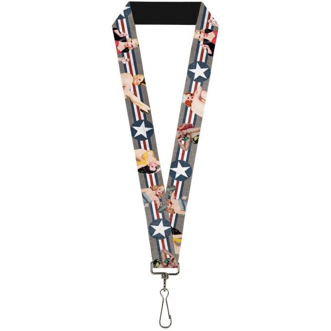 Buckle-Down Lanyard - Pin Up Girl Poses Star & Stripes Gray/Blue/White/Red