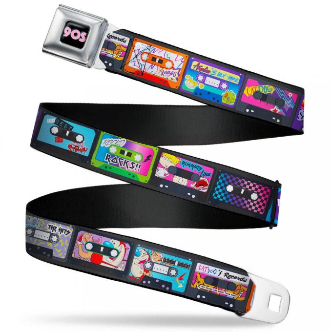 Nick 90'S Rewind Icon Full Color Black/Blue/Pink Seatbelt Belt - Nick 90's 13-Mash Up Cassette Tapes Black Webbing