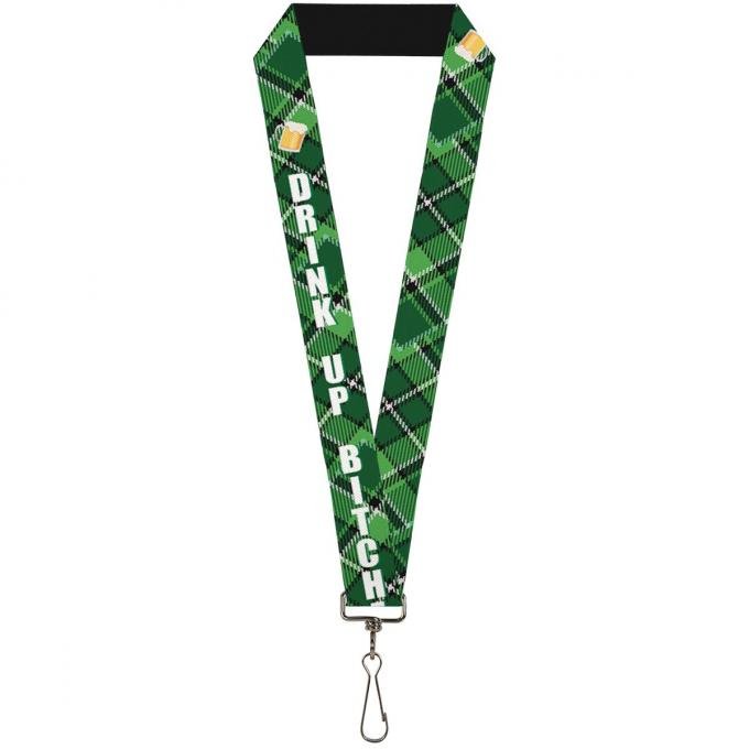 Buckle-Down Lanyard - St. Pat's DRINK UP BITCHES/Beer Mugs/Stacked Shamrocks Greens/White/Gold