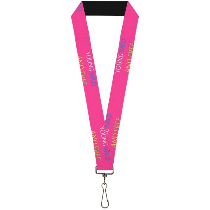 Buckle-Down Lanyard - YOUNG WILD AND FREE Pink/White/Blue/Yellow/Green