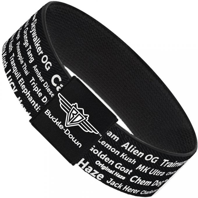 Buckle-Down Elastic Bracelet - Verbiage Marijuana Strains Black/White