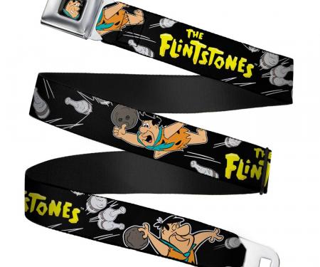 Fred Face Full Color Black Seatbelt Belt - THE FLINTSTONES Fred Bowling Poses/Bowling Pins Black Webbing