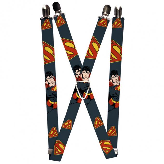 Suspenders - 1.0" - Superman Action Pose/Scattered Shield Navy/Gold/Red