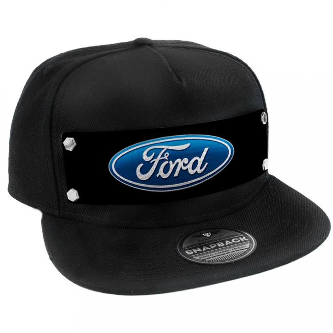 Embellishment Trucker Hat BLACK - Full Color Strap - Ford Oval Logo Black/Blue