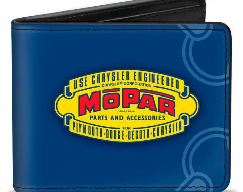 Bi-Fold Wallet - MOPAR 1937-1947 Logo-USE CHRYSLER ENGINEERED MOPAR PARTS AND ACCESSORIES Blue/Yellow/Red