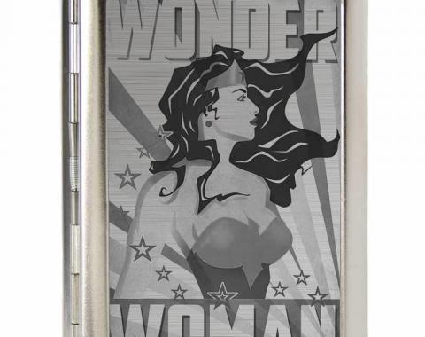 Business Card Holder - LARGE - WONDER WOMAN Pose/Stars & Rays Brushed Silver