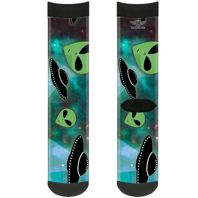 Sock Pair - Polyester - Aliens & UFO's Galaxy/Green/Black/White - CREW