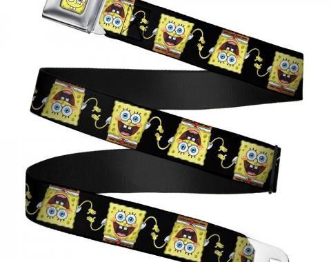 Sponge Bob Face CLOSE-UP Seatbelt Belt - Sponge Bob 3-D Pose Flip Black Webbing