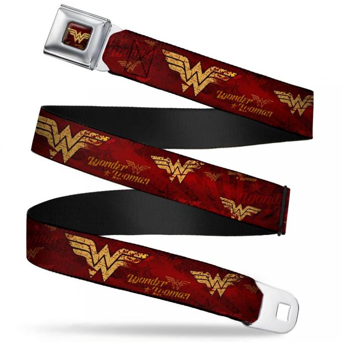 Wonder Woman Logo Rays Full Color Burgundy/Gold Seatbelt Belt - WONDER WOMAN/Logo Rays Burgundy/Gold Webbing