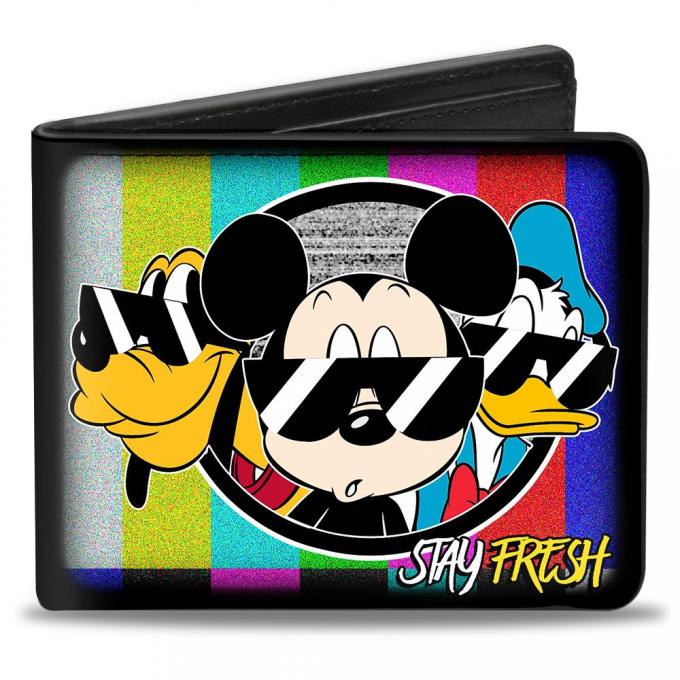 Bi-Fold Wallet - Pluto/Mickey Mouse/Donald Duck STAY FRESH Group Pose/Multi Color Television Bars