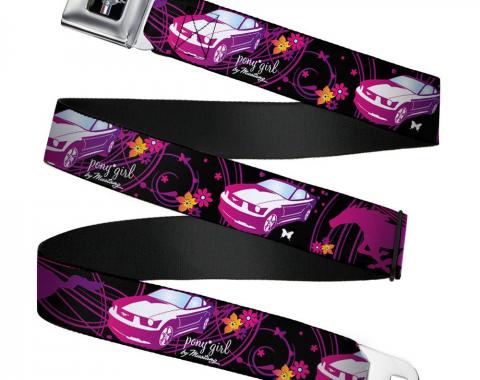 Ford Mustang Emblem Seatbelt Belt - Mustang Silhouette/PONY GIRL/Flowers Black/Fuchsias