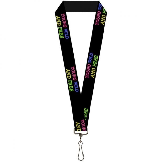 Buckle-Down Lanyard - YOUNG WILD AND FREE Outline Black/Multi Neon