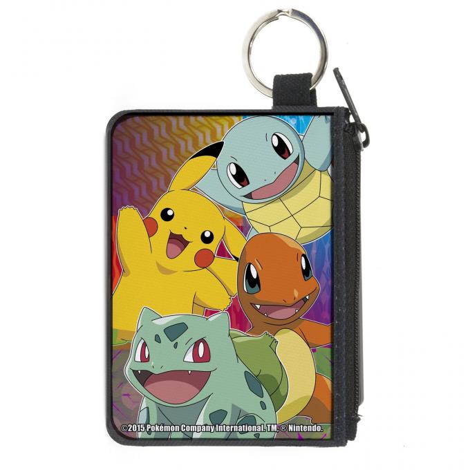 Canvas Zipper Wallet - MINI X-SMALL - 3-Pikachu & Kanto Starter Pok�mon CLOSE-UP Pose/Type Symbols Multi Color