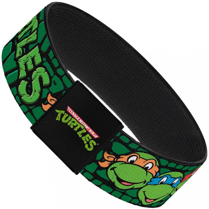 Elastic Bracelet - 1.0" - Classic TMNT Group Faces/TURTLES Turtle Shell Black/Green