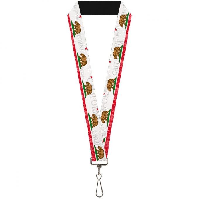 Buckle-Down Lanyard - CALIFORNIA Bear/Star/Crackle Stripe White/Gray/Red