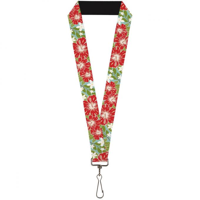 Buckle-Down Lanyard - Hibiscus & Plumerias Turquoise/Green/Red/White