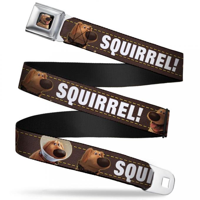 Dug Tongue Out Pose Full Color Black Seatbelt Belt - Dug 3-Poses/SQUIRREL! Brown/Yellow/White Webbing