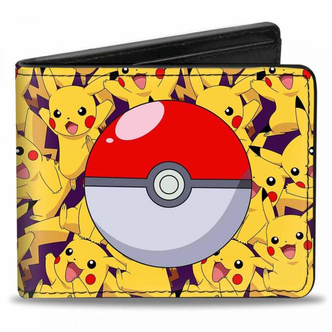 Bi-Fold Wallet - Stacked Pikachu Poses/Poke Ball Purple