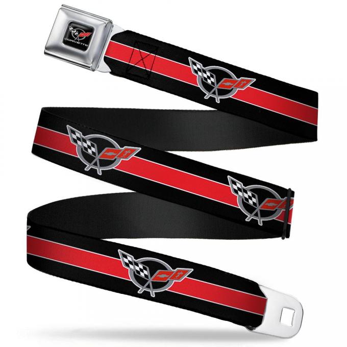 CORVETTE C5 Logo Full Color Black/Gray/White/Red Seatbelt Belt - CORVETTE C5 Logo/Stripe Black/White/Red/Gray Repeat Webbing