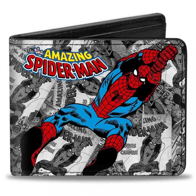 MARVEL COMICS 
Bi-Fold Wallet - THE AMAZING SPIDER-MAN Stacked Comic Books/Action Poses Grays