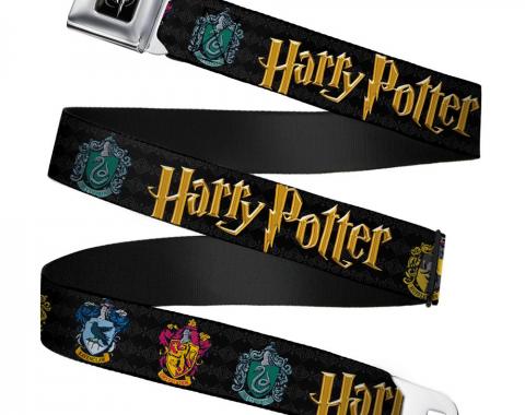 Harry Potter Logo Full Color Black/White Seatbelt Belt - HARRY POTTER Hufflepuff/Ravenclaw/Gryffindor/Slytherin Coat of Arms Black Webbing